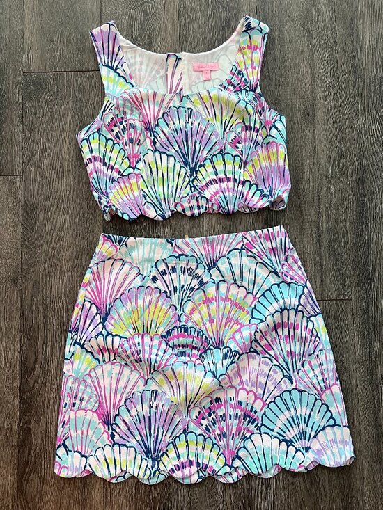Lilly Pulitzer Dresses & Skirts - Lilly Pulitzer Seashell Print Matching Set Size 4 Scalloped Skirt Crop Top